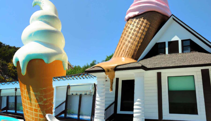 giant ice cream cone melting on to a modern house